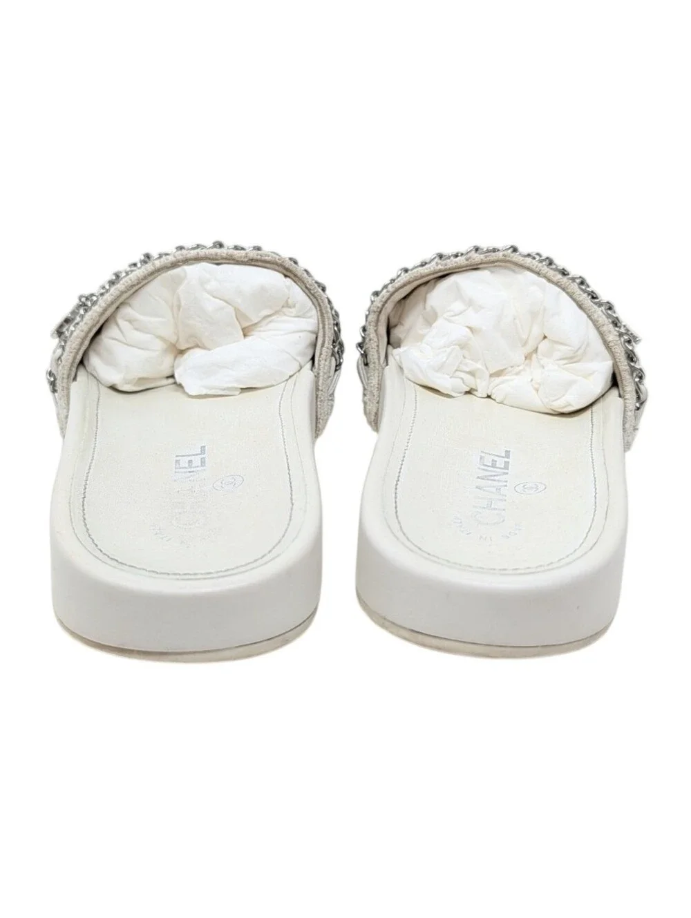 Chanel White Tweed Silver Chain Interlocking CC Charm Slide Sandals Size EU 39